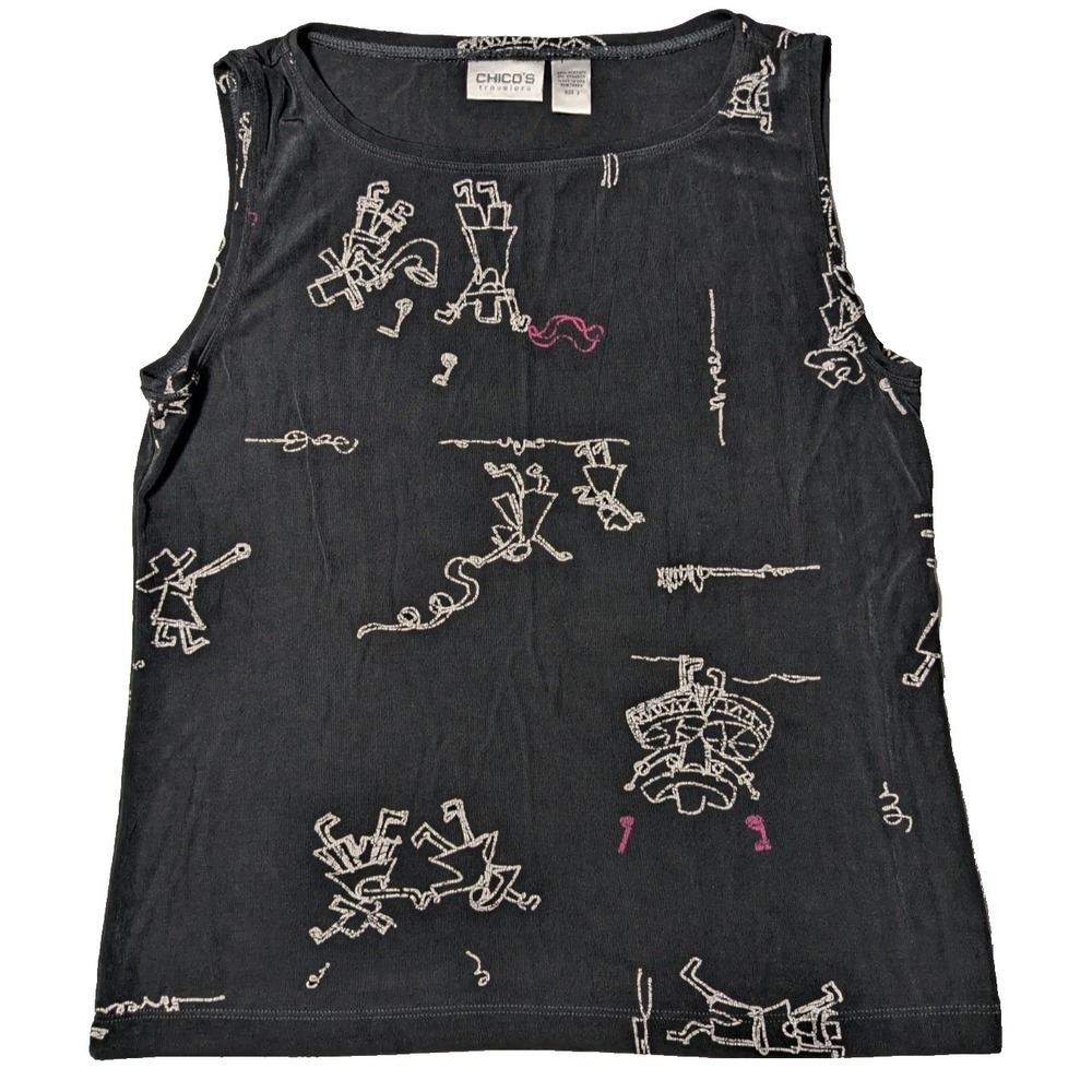 VTG CHICO'S TRAVELERS FIESTA Women 2 (Large) Black Acetate Stretch Tank Made USA